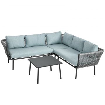 Set de Gradina 4 Piese din Ratan si Aluminiu cu Masuta de Cafea, 2 Canapele pe Colt si Fotoliu, Albastru