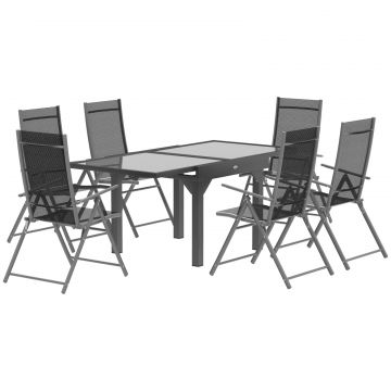 Set de Gradina cu Masa Extensibila din Sticla si 6 Scaune de Exterior Pliabile, Otel si Textilena, Gri