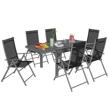 Set de Gradina din 7 Piese cu Masa Extensibila si 6 Scaune Pliabile cu Brate, 90 180x90x75 cm, Gri si Negru