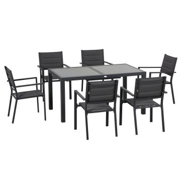 Set de Gradina din Aluminiu 7 Piese cu Masa Dreptunghiulara Extensibila si 6 Scaune de Exterior cu Sezuta din Plasa Respirabila, Gri