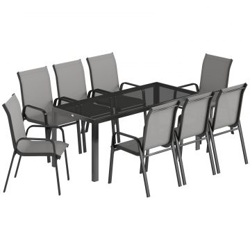 Set de Masa de Gradina 9 Piese, Masa si Scaune pentru 8 Persoane, Set Exterior cu Blat din Sticla Temperata, Gri