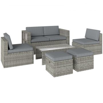 Set Exterior 6 Piese cu Canapea, 2 Scaune, Masa cu Blat din Sticla si 2 Suporturi pentru Picioare, Gri inchis