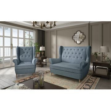 Set fotoliu si canapea 2 locuri ELTAP, Aros, 72x60x100 cm / 150x90x103 cm, lemn/poliester, albastru deschis