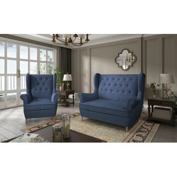 Set fotoliu si canapea 2 locuri ELTAP, Aros, 72x60x100 cm / 150x90x103 cm, lemn/poliester, albastru inchis