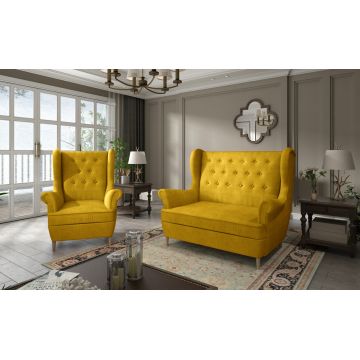 Set fotoliu si canapea 2 locuri ELTAP, Aros, 72x60x100 cm / 150x90x103 cm, lemn/poliester, galben