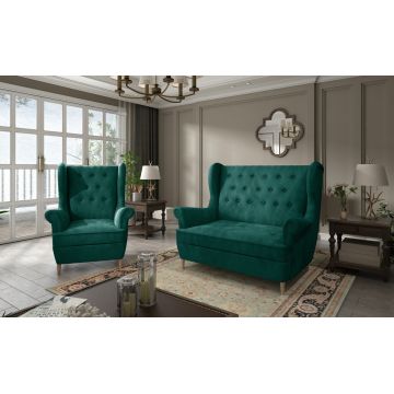 Set fotoliu si canapea 2 locuri ELTAP, Aros, 72x60x100 cm / 150x90x103 cm, lemn/poliester, verde inchis