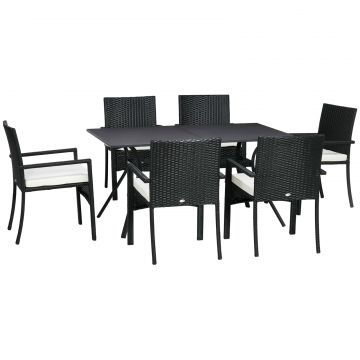 Set Gradina 7 Piese din Ratan PE cu Masa de 150x90x72 cm si 6 Scaune de 58x62x87 cm cu Perne