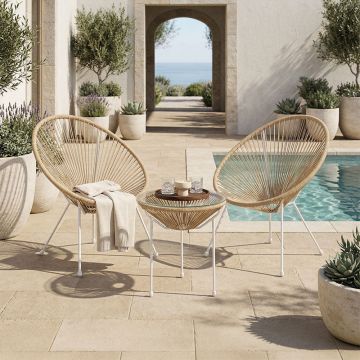 Set lounge exterior Acapulco, 3 piese, Alb-Natural, metal si ratan PE, 50x50x52 cm