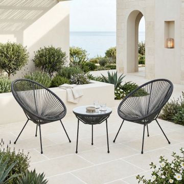 Set lounge exterior Acapulco, 3 piese, metal si ratan PE, Negru, 50x50x52 cm