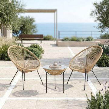 Set lounge exterior Acapulco, 3 piese, Negru-Natural, metal si ratan PE, 50x50x52 cm