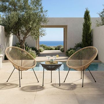 Set lounge exterior Acapulco, 3 piese, Negru-Natural, metal si ratan PE, 50x50x52 cm