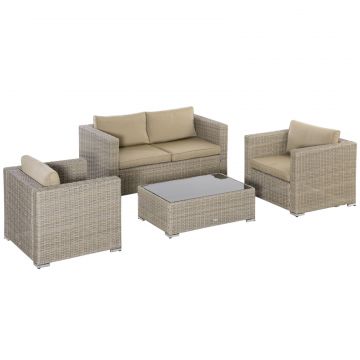 Set Mobila de Gradina 4 Piese din Ratan PE, Salon de Exterior cu 1 Canapea, 2 Fotolii, 1 Masuta si Perne Detasabile si Lavabile, Kaki si Bej