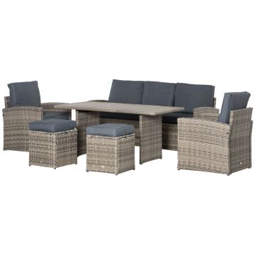 Set Mobila de Gradina de 6 Piese din Ratan PE, Salon cu Canapea 3 Locuri, 2 Fotolii, 2 Taburete si Masa, Perne Detasabile si Lavabile, Gri