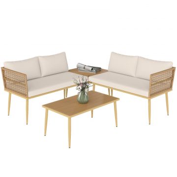 Set Mobilier de Exterior din Ratan PE cu 2 Canapele de 2 Locuri cu Perne si 2 Mese de Cafea, Culoare Lemn