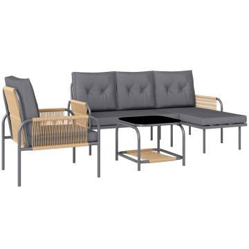 Set Mobilier de Gradina din 4 Piese cu Canapea, Fotoliu, sezlong si Masuta, 64x70x78 cm, Gri inchis