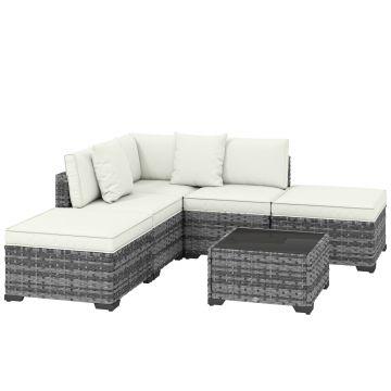 Set Mobilier de Gradina din Ratan, 6 Piese, Fotoliu Coltar, Canapele fara Brate, Suporturi pentru Picioare si Masuta, Gri Amestecat