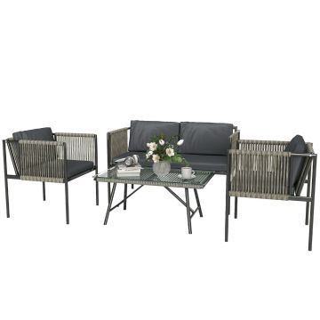 Set Mobilier de Gradina din Ratan cu 2 Fotolii, Canapea cu 2 Locuri si Masuta de Cafea din Sticla, Gri