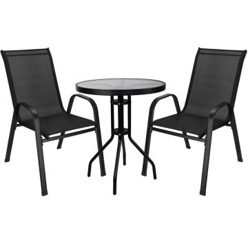 Set mobilier gradina, 2 scaune si masa rotunda, blat sticla, cadru metalic, 60x70 cm, negru