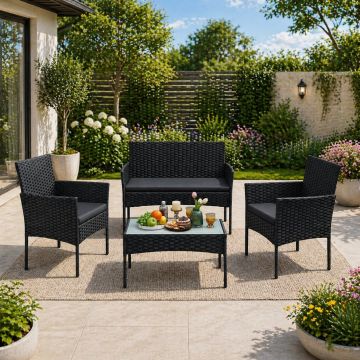 Set mobilier gradina 4 locuri, canapea, 2 scaune si masa cu sticla, ratan PE, negru si gri