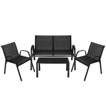 Set mobilier gradina 4 piese, masa cu sticla securizata, 2 scaune si canapea, cadru metalic, negru