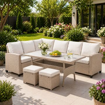 Set mobilier gradina Cesme 4 piese, canapea, masa si 2 tabureti, ratan PE, 179x65x73 cm, bej