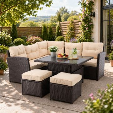 Set mobilier gradina coltar 5 piese, canapea colt, 2 tabureti si masa reglabila pe inaltime, ratan PE, 179x69x73 cm, maro si crem
