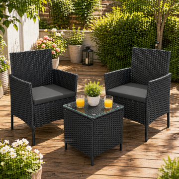 Set mobilier gradina cu 2 locuri, 2 scaune si masa cu sticla, ratan PE, negru si gri