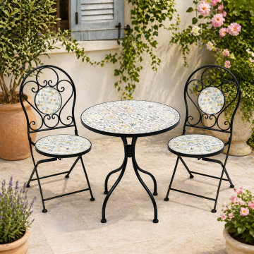 Set mobilier gradina Louloudia 3 piese, masa si 2 scaune pliabile, mozaic decorativ, metal, multicolor