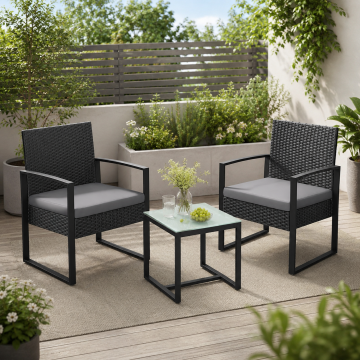 Set mobilier pentru gradina cu 2 scaune cu perne si masuta, cadru metalic, impletitura PE, negru si gri