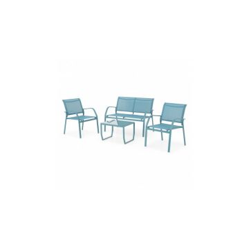 Set mobilier gradina metalic turcoaz 4 locuri pentru terasa, KAVALA  cu 2 fotolii, canapea si masuta