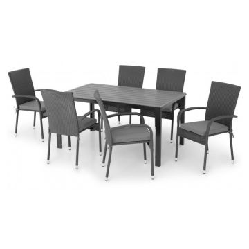 Set mobilier poliratan exterior cu 6 scaune si masa dreptunghiulara  PRESLEY ENCORE negru