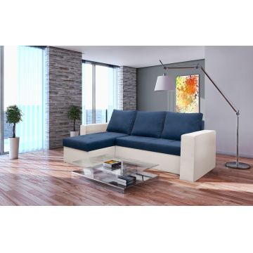 Coltar extensibil Toledo, 226x145x79 cm, 2 lazi depozitare, Reversibil, Alb/Albastru petrol