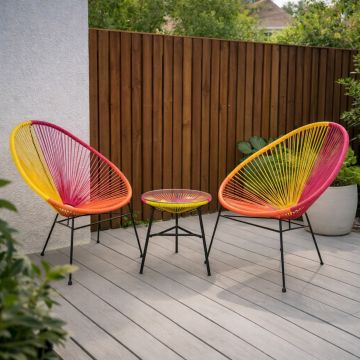 Set 2 fotolii si masuta pentru gradina/terasa, Corfu, otel, galben/portocaliu/rosu